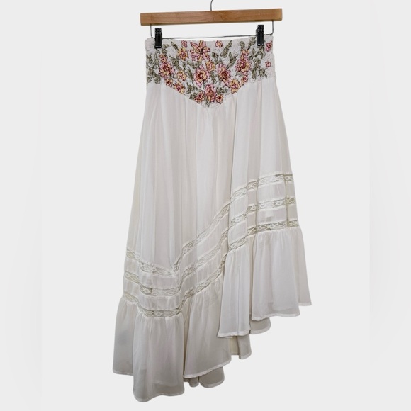 FREE PEOPLE Augusta Floral Skirt XS Embroidered Lace Ivory Boho Prairie Midi - Picture 2 of 13
